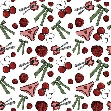 Seamless pattern cherries, raspberries green bows pink panties hearts background Illustrazione stock