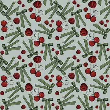 Seamless pattern cherries raspberries green bows hearts, background Stock Illustration