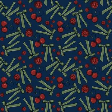 Seamless pattern cherries raspberries green bows hearts, background Stock Illustration