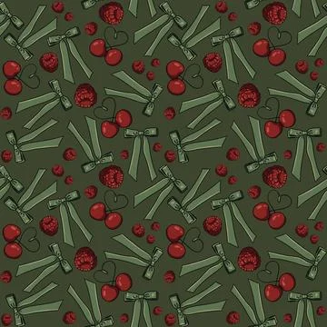 Seamless pattern cherries raspberries green bows hearts, background Stock Illustration