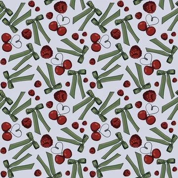 Seamless pattern cherries raspberries green bows hearts, background Stock Illustration