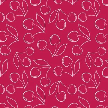 Seamless pattern with cherry and leaves in line art style. Design for packaging Stock Illustration