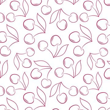 Seamless pattern with cherry and leaves in line art style on a pink background Stock Illustration