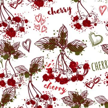 Seamless pattern with cherry and splashes in watercolor style Illustrazione stock