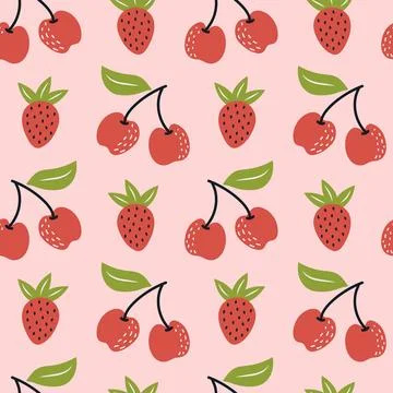 Seamless pattern with cherry and strawberry on pastel pink background Stock Illustration