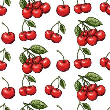 Seamless pattern, cherry berry sketch, engraving. color line drawing . Illustrazione stock