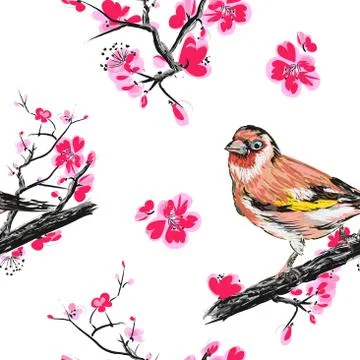 Seamless pattern with cherry blossoms and bird Stock Illustration
