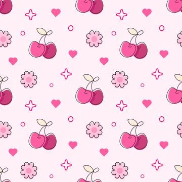 Seamless pattern with cherry on a branch and hearts  on the background Stock Illustration