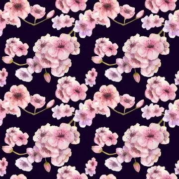 Seamless pattern. Cherry color. Sakura branch with pink flowers. Stock Illustration