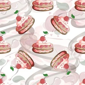 Seamless pattern with cherry cookies and cream. Pattern in red and white colo Stock Illustration