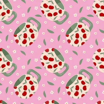 Seamless pattern with cherry decorated mug, green leaves and white flowers on a Stock Illustration