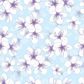 Seamless pattern with cherry flowers on blue background Stock Illustration