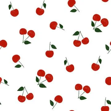 Seamless pattern of cherry fruit with green leaves on white background. Cute  Foto stock