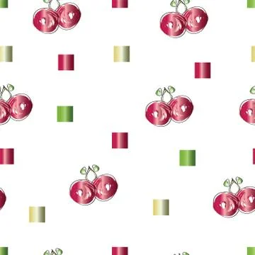 Seamless pattern with cherry fruits vector and abstract squares Stock Illustration