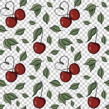 Seamless pattern, cherry, heart, green leaves on a transparent background. Stock Illustration