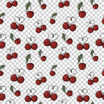 Seamless pattern, cherry, heart, green leaves on a transparent background. Stock Illustration