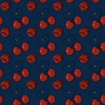 Seamless pattern with cherry pairs forming heart-shaped stems, red raspberries Stock Illustration