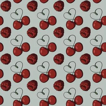 Seamless pattern with cherry pairs forming heart-shaped stems, red raspberries Stock Illustration