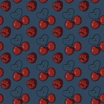 Seamless pattern with cherry pairs forming heart-shaped stems, red raspberries Stock Illustration