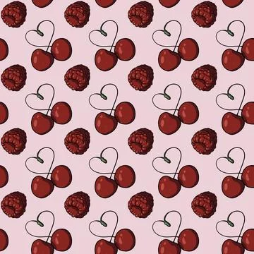 Seamless pattern with cherry pairs forming heart-shaped stems, red raspberries Stock Illustration
