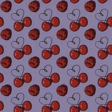 Seamless pattern with cherry pairs forming heart-shaped stems, red raspberries Stock Illustration