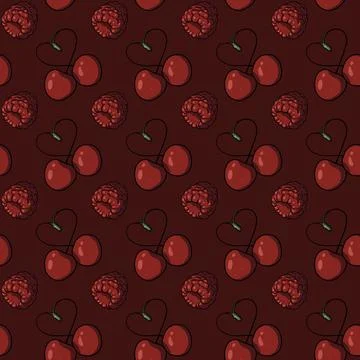 Seamless pattern with cherry pairs forming heart-shaped stems, red raspberries Stock Illustration
