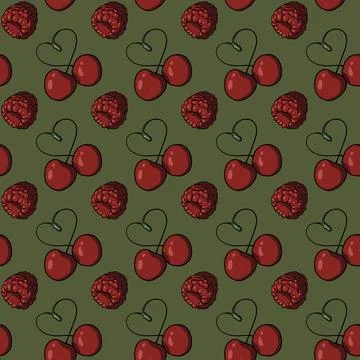 Seamless pattern with cherry pairs forming heart-shaped stems, red raspberries Stock Illustration