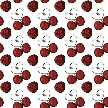 Seamless pattern with cherry pairs forming heart-shaped stems, red raspberries Stock Illustration