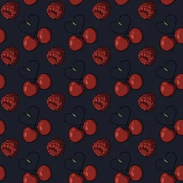 Seamless pattern with cherry pairs forming heart-shaped stems, red raspberries Stock Illustration
