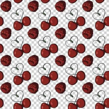 Seamless pattern with cherry pairs, heart, red raspberries on a transparent bg Stock Illustration