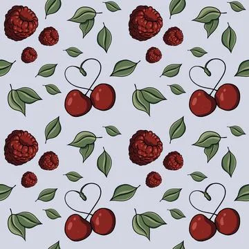 Seamless pattern with cherry, raspberries, berries, heart, green leaves, love 스톡 일러스트