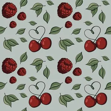 Seamless pattern with cherry, raspberries, berries, heart, green leaves, love Stock Illustration