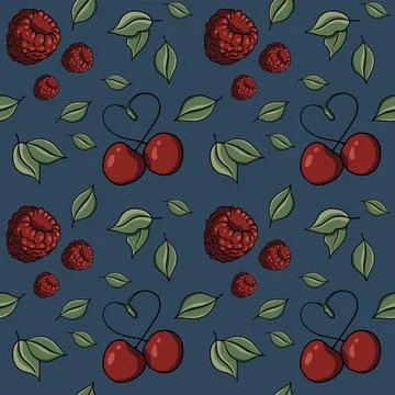 Seamless pattern with cherry, raspberries, berries, heart, green leaves, love 스톡 일러스트