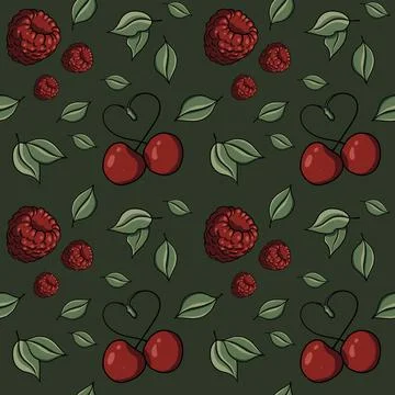 Seamless pattern with cherry, raspberries, berries, heart, green leaves, love Stock Illustration