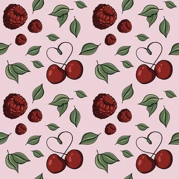 Seamless pattern with cherry, raspberries, berries, heart, green leaves, love Stock Illustration