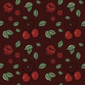 Seamless pattern with cherry, raspberries, berries, heart, green leaves, love Stock Illustration