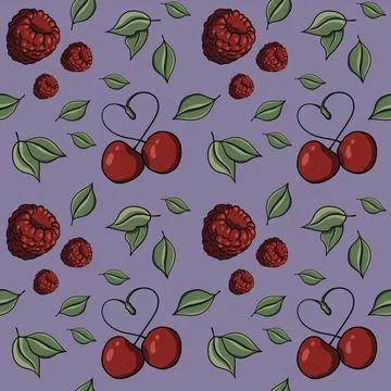 Seamless pattern with cherry, raspberries, berries, heart, green leaves, love Stock Illustration