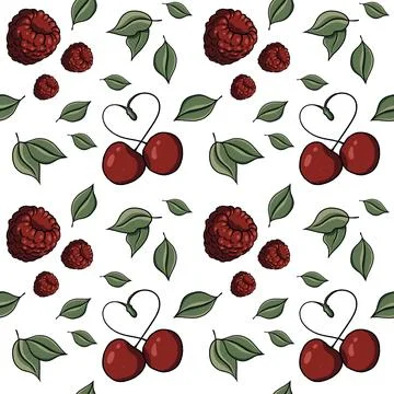 Seamless pattern with cherry, raspberries, berries, heart, green leaves, love Stock Illustration