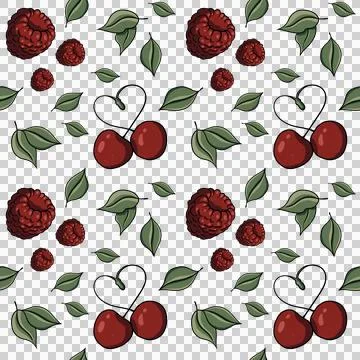 Seamless pattern, cherry, raspberries, heart, green leaves on a transparent bg Stock Illustration