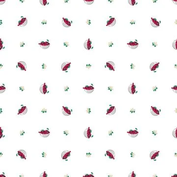 Seamless pattern with cherry red berry in metal bowl and flowers Stock Illustration