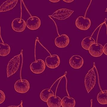 Seamless pattern with cherry in sketchy hand-drawn monochrome style. Vector.. Stock Illustration