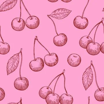 Seamless pattern with cherry in sketchy hand-drawn monochrome style. Vector.. Stock Illustration