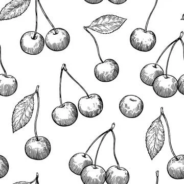 Seamless pattern with cherry in sketchy hand-drawn monochrome style. Vector.. Stock Illustration