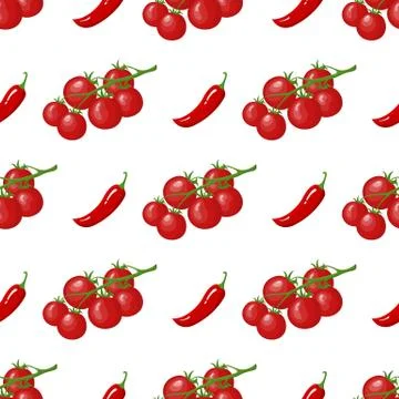 Seamless pattern with cherry tomato and chilli pepper vegetables. Vector. Illustrazione stock