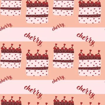Seamless pattern of cherry-topped cakes with heart details on pink background 스톡 일러스트