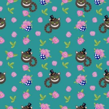 Seamless pattern with cheshire cat, tea cup and flowers. Illustrazione stock