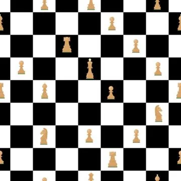 Seamless pattern of chess board with figures. Queen, king, knight, bishop, ro 스톡 일러스트