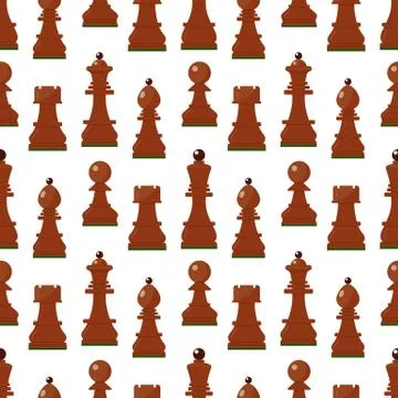 Seamless pattern with chess wooden figures. Brown pieces on white. Vector.Kin 스톡 일러스트