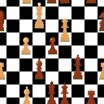 Seamless pattern with chess wooden figures.Brown and white pieces on chessboa Stockillustratie