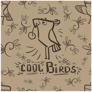 Seamless pattern chestnut doodle birds with cherry on travertine background Stock Illustration